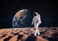 realistic illustration of astronaut walking on moon surface with earth view and space galaxy background