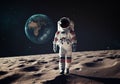 realistic illustration of astronaut walking on moon surface with earth view and space galaxy background