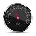 Realistic illustration of black speedometer with metal trim with glare and red pointer.Isolated on white background, vector Royalty Free Stock Photo