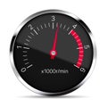 Realistic illustration of a black tachometer with metal trim with glare and red pointer. Isolated on white background, vector Royalty Free Stock Photo
