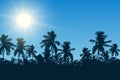 Realistic illustration of blue sky with shining rising sun and space for text. Tops of tropical palm trees on vacation, vector Royalty Free Stock Photo