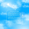 Realistic illustration of a blue sky with sun, ray of sunshine, clouds and text. Sky background vector Royalty Free Stock Photo