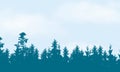 Realistic illustration of blue sky with white clouds and space for text. peaks of coniferous trees and forest, vector