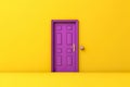 Realistic illustration of a closed purple door on a yellow wall. Home decor in yellow and purple.