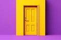 Realistic illustration of a closed purple door on a yellow wall. Home decor in yellow and purple.