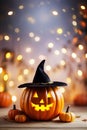 Adorable Cute Carved Pumpkin Halloween Witch Hat Autumn Background