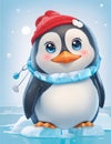 A realistic illustration of cute amd adorable penguin with ice, cute face, printable, no background, animal