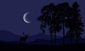 Realistic illustration of a deer silhouette in a mountain landscape with a forest and coniferous trees, under a purple night sky Royalty Free Stock Photo