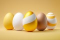 Realistic illustration of five elegant Easter Eggs on a yellow background. Painted decorated Easter Eggs in white and yellow.