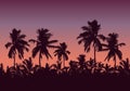 Realistic illustration of a forest of palm trees and the tops of the trees. Purple pink sky with space for text, vector Royalty Free Stock Photo