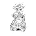 Realistic illustration of a funny pug with a pineapple on his head. Vector illustration. Pug on a white background. For printing, Royalty Free Stock Photo