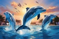 realistic illustration of a group of dolphins performing synchro Royalty Free Stock Photo
