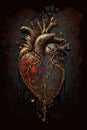 Realistic illustration of grunge bronze heart on dark background. Generative Ai.