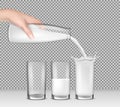 realistic illustration, hand holding a glass bottle of milk, milk pouring into drinking glasses Royalty Free Stock Photo