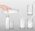 realistic illustration, hand holding a glass bottle of milk and milk pouring into drinking glasses Royalty Free Stock Photo