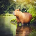 Capybara At Rainforest River. Generative AI Royalty Free Stock Photo