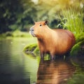 Capybara At Rainforest River. Generative AI