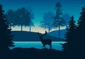 Realistic illustration of hilly landscape with forest, river or lake and standing deer under blue-green sky with dawn, vector Royalty Free Stock Photo