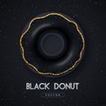 Realistic illustration of isolated black sweet donut with golden sugar sprinkle on black background.