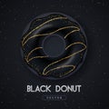 Realistic illustration of isolated black sweet donut with golden sugar sprinkle on black background.