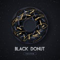 Realistic illustration of isolated black sweet donut with golden sugar sprinkle on black background.