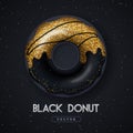 Realistic illustration of isolated black sweet donut with golden sugar sprinkle on black background.