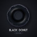 Realistic illustration of isolated black sweet donut with silver sugar sprinkle on black background.