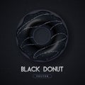 Realistic illustration of isolated black sweet donut with silver sugar sprinkle on black background.