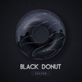 Realistic illustration of isolated black sweet donut with silver sugar sprinkle on black background.