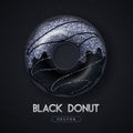 Realistic illustration of isolated black sweet donut with silver sugar sprinkle on black background.