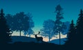 Realistic illustration of landscape with coniferous and deciduous forest and morning blue sky with rising sun. Deer with antlers Royalty Free Stock Photo