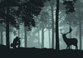 Realistic illustration of landscape with coniferous forest, deer with antlers under green sky. Photographer Photographs Animal in