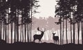 Realistic illustration of landscape with coniferous forest and morning retro sky. Deer and doe with antlers standing. Suitable as Royalty Free Stock Photo