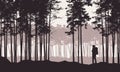 Realistic illustration of landscape with coniferous forest with pine trees under retro sky. Man hiker with backpack on a trip or