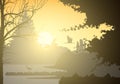 Realistic illustration of landscape and wetland with standing and flying bird and trees. Rising sun with beams on morning yellow Royalty Free Stock Photo