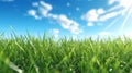 Realistic illustration of a macro close up of dew drops on a lush green grass lawn field against a blue summerâs sky.