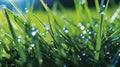 Realistic illustration of a macro close up of dew drops on a lush green grass lawn field against a blue summerâs sky. Royalty Free Stock Photo