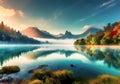 morning view of peaceful lake landscape with clear sky and fog over the water