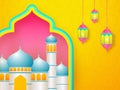 Realistic illustration of Mosque Masjid and hanging lantern on yellow floral background