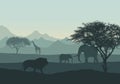 Realistic illustration of mountain african landscape and safari with animals and trees. Elephant with cub, lion and giraffe under Royalty Free Stock Photo