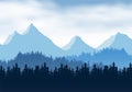 Realistic illustration of mountain landscape with coniferous forest and clouds. Overcast spring or winter sky, vector Royalty Free Stock Photo