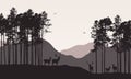 Realistic illustration of mountain landscape with coniferous forest. Deer herd grazes under retro color sky, vector