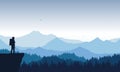 Realistic illustration of mountain landscape with coniferous forest under blue sky with flying birds. Lonely hiker standing on top Royalty Free Stock Photo