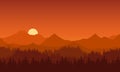 Realistic illustration of mountain landscape with coniferous forest under red morning or evening sky with orange rising or setting Royalty Free Stock Photo