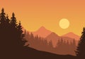 Realistic illustration of mountain landscape with coniferous for Royalty Free Stock Photo