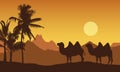 Realistic illustration of mountain landscape in the desert. Two camels near oasis with palm trees, under orange morning sky with Royalty Free Stock Photo