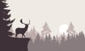 Realistic illustration of a mountain landscape with a forest with deer standing on a rock. Retro sky with rising sun or moon, Royalty Free Stock Photo