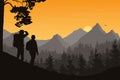 Realistic illustration of mountain landscape with forest and two tourists, man and woman. Morning orange sky with rising sun,