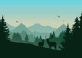 Realistic illustration of mountain landscape with green coniferous forest, two deer and three flying birds in the sky with dawn Royalty Free Stock Photo