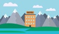 Realistic illustration of a mountain landscape with water and a hotel building on the shore of a lake under a blue sky with Royalty Free Stock Photo